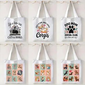 Bolso de Lona con Estampado de Animales de Dibujos Animados Gran Capacidad Reutilizable Bolso de Mano de Algodón Para Mujeres Estudiantes Bolso de Hombro Informal