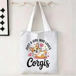 Vista detallada de un bolso de lona blanca con un lindo corgi de dibujos y texto.