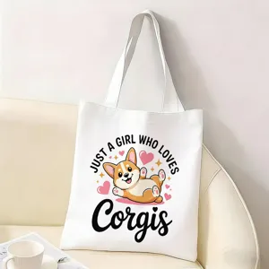 Detalle de bolsa de tela blanca con tierno Corgi de dibujos animados y corazones