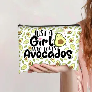 Detailed view of canvas cosmetic bag featuring 'Girl Loves Avocados' avocado pattern print
