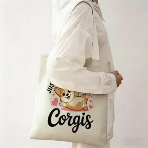 Vista detallada del bolso de lona blanca con diseño estampado de Corgi