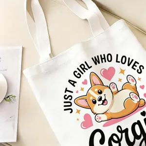 Primer plano de un bolso de lona blanco con un lindo corgi de dibujos animados y corazones