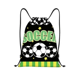 Soccer themed drawstring backpack featuring green SOCCER text and classic ball patterns