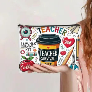 Close-up of teacher survival kit themed canvas zipper pouch for makeup or stationery