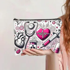 Detailed macro view of a canvas makeup bag featuring a pink medical heart and stethoscope print