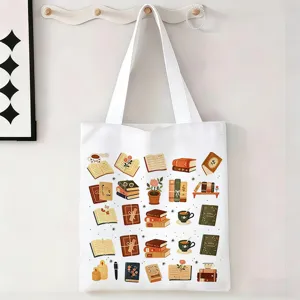 Bolsa de lona blanca ecológica con un acogedor estampado ilustrado de libros y té