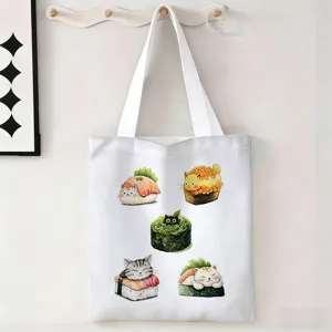 Detalle de una bolsa de lona blanca con lindos estampados de sushi de gato colgada en pared
