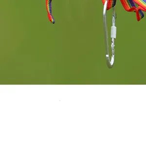 Outdoor camping hanging rope detail shot, colorful strap with metal locking carabiner hook