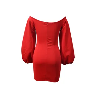 Sexy red off-the-shoulder bodycon dress, elegant long sleeve party club mini dress.