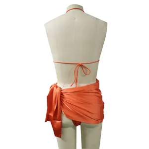 Completo bikini arancione da donna costume da bagno sexy tinta unita due pezzi con pareo.