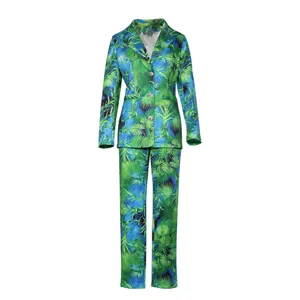 Women green blue tropical jungle print blazer suit set, chic fashion two piece outfit.