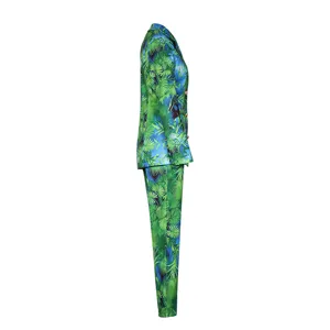 Elegant tropical palm print blazer and trousers two-piece suit set for women fashion.