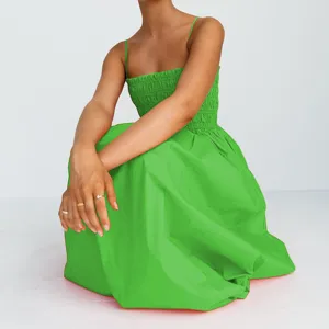 Green smocked camisole midi dress, summer high waist pleated sleeveless casual wear