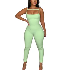 Women summer ribbed spaghetti strap slim fit sexy jumpsuit detail view showing slim silhouette