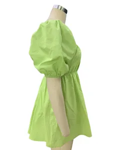 Light green square neck puff sleeve mini dress, solid color loose spring casual mini dress detail.
