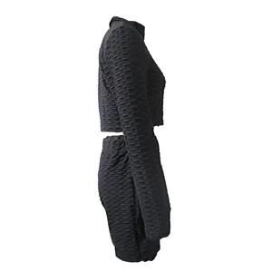 Black bubble texture long sleeve crop top and shorts activewear gym two piece workout set