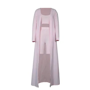 Women casual 3-piece set pink tank top shorts long cardigan detail view daily wear.