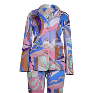 Women colorful geometric print blazer suit two piece casual long sleeve fashion outfit