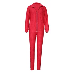 Red honeycomb textured tracksuit women long sleeve zip jacket matching pants detail view