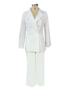 Elegante completo tailleur pantalone bianco da donna con blazer doppio petto e pantaloni