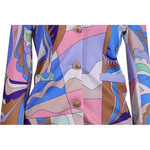 Women casual blazer jacket colorful abstract geometric print gold buttons fashion outerwear