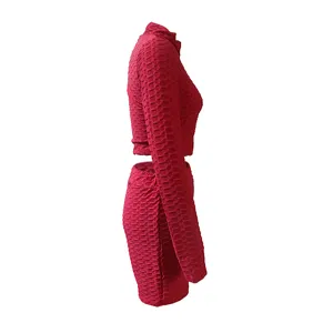 Red honeycomb textured women long sleeve crop top and shorts workout sports two-piece set