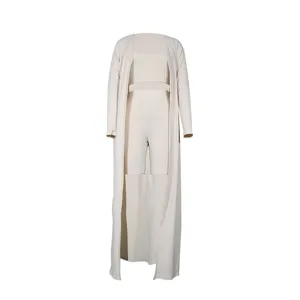 Women three piece rib knit set crop top biker shorts long cardigan casual outfit fashion.