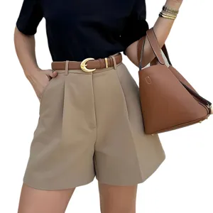 Women casual solid color loose straight shorts high waist pleated summer daily apparel style
