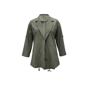 Plus size army green trench coat for women, casual lapel long sleeve button down windbreaker outerwear.