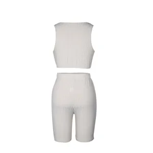 Women ribbed two piece set crop top and biker shorts casual summer outfit detail view.