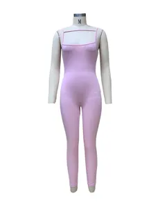 Pink ribbed camisole jumpsuit detail, sexy slim fit women summer clothing display view.