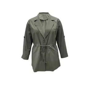 Women's Army Green Trench Coat Casual Long Sleeve Button Down Drawstring Outerwear