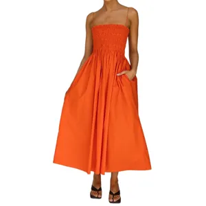 Women summer high waist spaghetti strap orange maxi dress casual elegant long dress