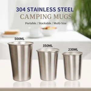 Stainless steel camping mug set with multiple sizes 500ml 350ml 230ml metal beer cup for outdoor travel.