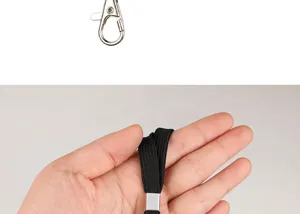 Black woven lanyard strap with metal clasp for ID badge, phone, whistle and keys.