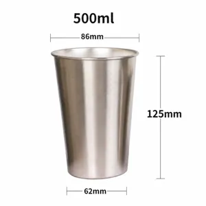 Stainless steel camping cup detail showing 500ml capacity, 125mm height, and 75.4g lightweight design.