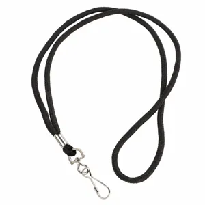 Black woven neck lanyard strap with sturdy metal hook for ID badge phone whistle detail view