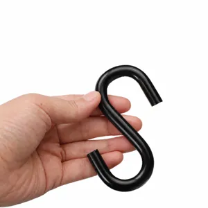 Black S-shaped heavy duty metal hanging hook for outdoor camping and hammock use.