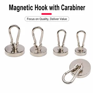 Heavy duty magnetic hook with strong neodymium magnet base and rotating carabiner for salvage.