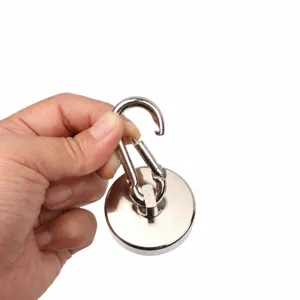 Strong neodymium salvage magnet with heavy duty metal carabiner hook and magnetic base.