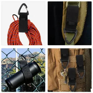 Outdoor multi-functional triangle hook with nylon strap, portable quick-draw for camping gear.