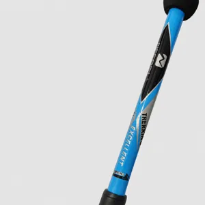 Carbon fiber trekking pole detail view, lightweight outdoor hiking stick shaft with blue coating.