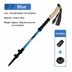 Carbon fiber trekking pole, 3-section adjustable outdoor hiking walking stick in blue.