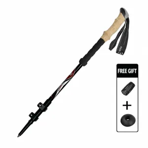 Carbon fiber trekking pole detail showing adjustable 3-section design and comfortable grip.