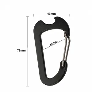 Detailed view of black aluminum alloy carabiner with bottle opener and clear size markings.