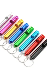 Colorful aluminum alloy survival whistle with keychain, portable outdoor emergency whistle for training.