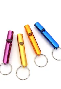 Colorful aluminum survival whistles with keyrings, perfect for outdoor sports, hiking and emergency.