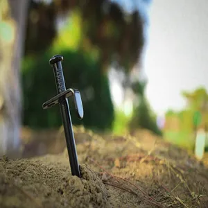 Vue détaillée d'un piquet de tente robuste en acier noir inséré dans le sol pour le camping.