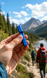 Closeup view of a blue aluminum alloy survival whistle with key ring for outdoor hiking.