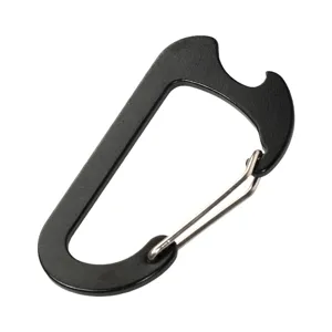 Black aluminum alloy D-shaped outdoor wire gate carabiner keychain with integrated bottle opener.